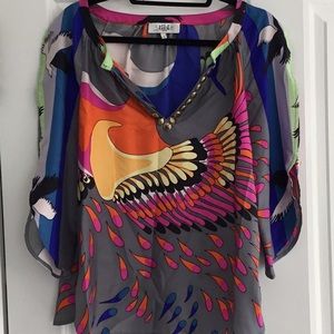 TIBI silk kimono open sleeve patterned blouse